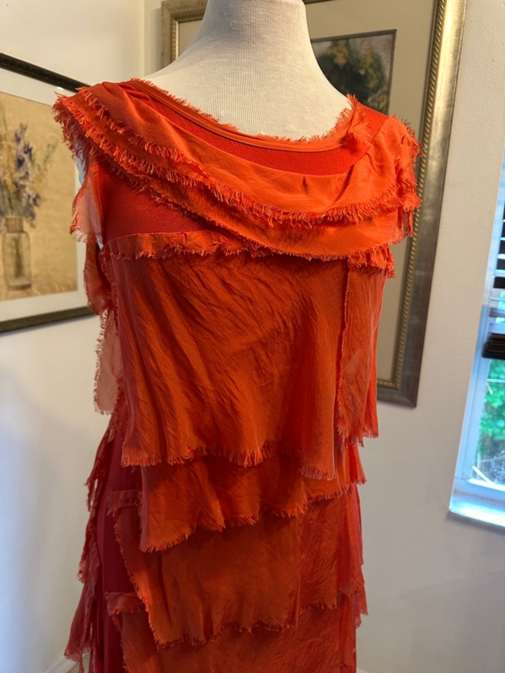 Made in Italy Coral-Orange Tiered Fringe 100% Silk Dress Size Medium - Picture 4 of 9